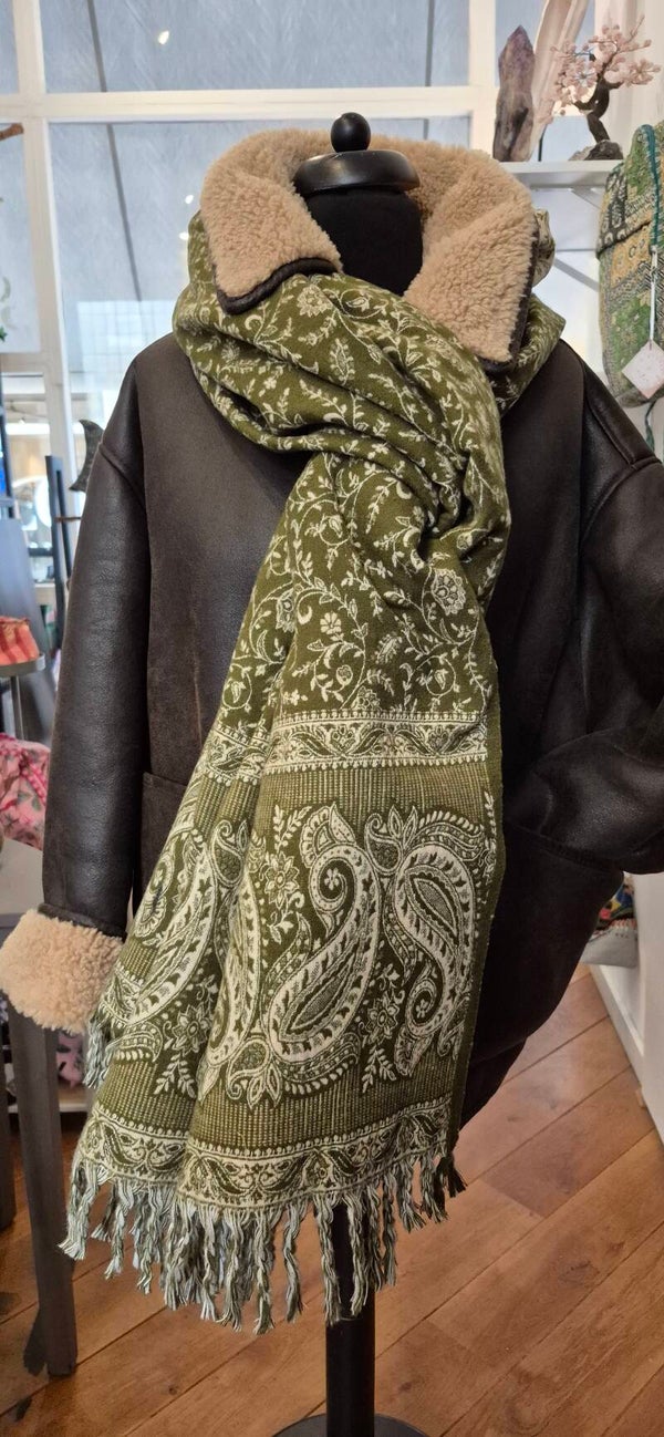 Yakwool omslagdoek Sjaal Olijfgroen Creme