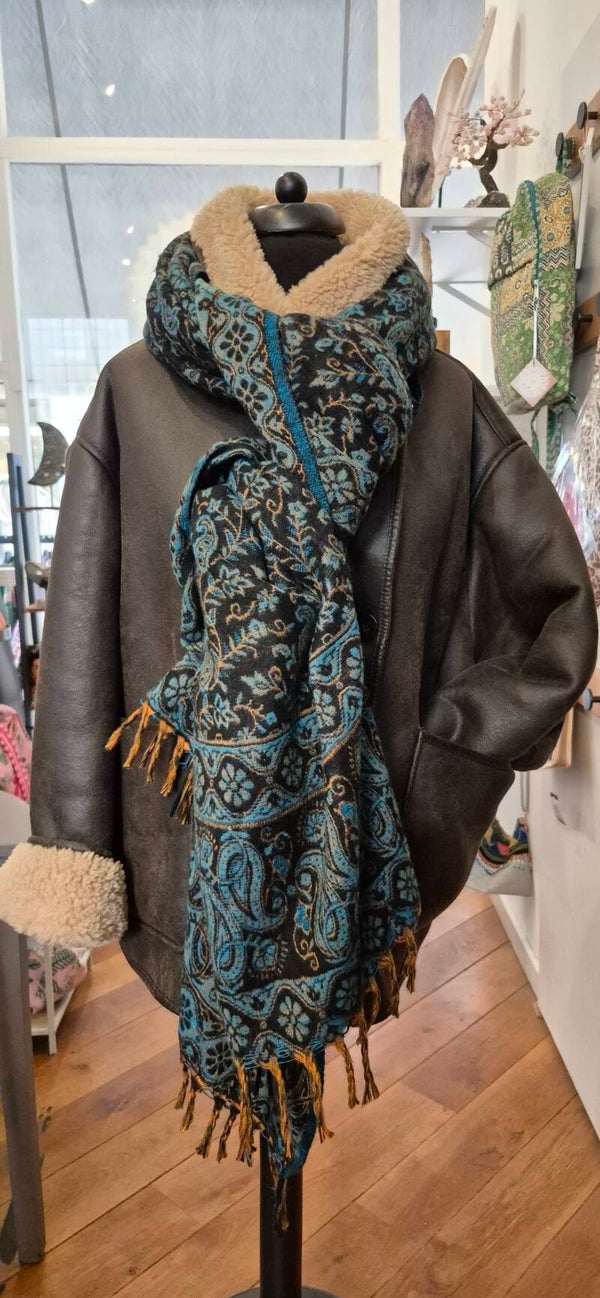 Tibetan Yakwool Sjaal Omslagdoek Blauw Zwart Turkoois