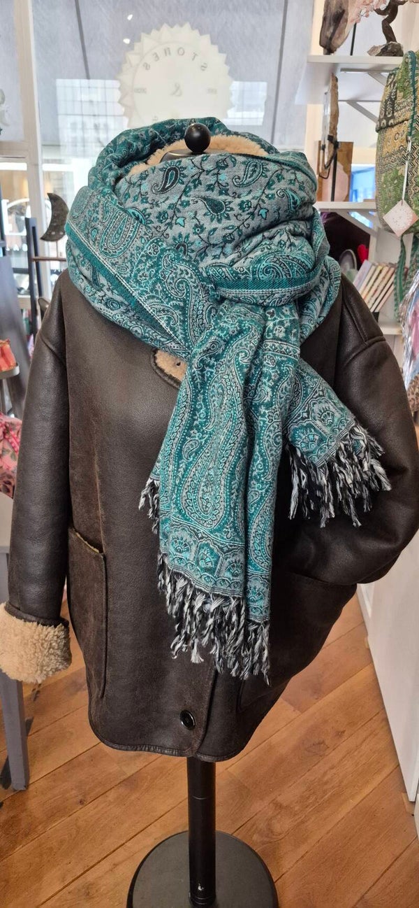 Tibetan Yakwool omslagdoek Sjaal Groen Grijs Creme Paisley