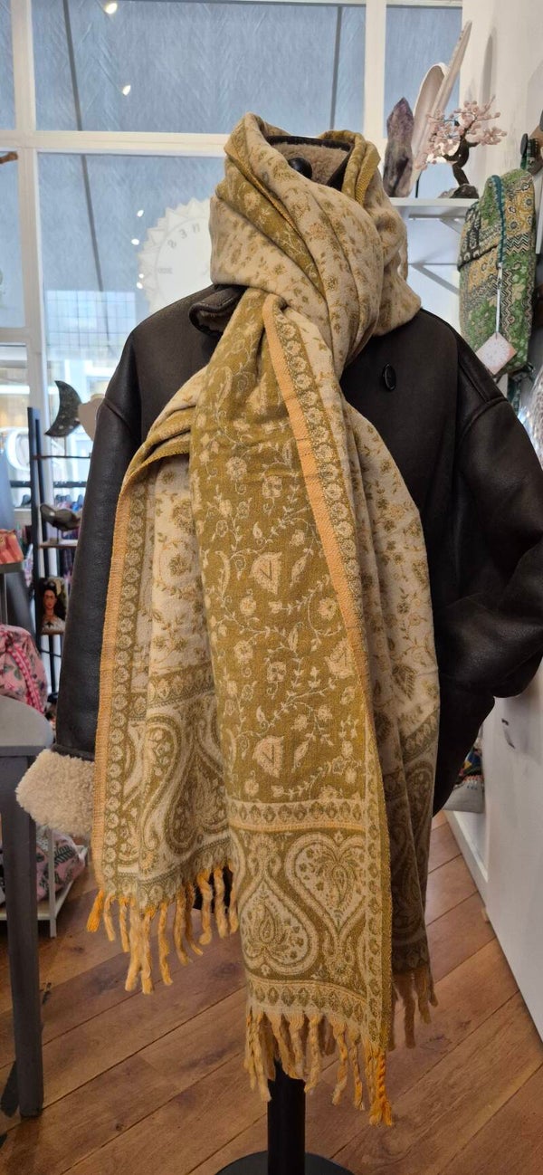 Tibetan Yakwool Omslagdoek / Sjaal Oker Creme Geel