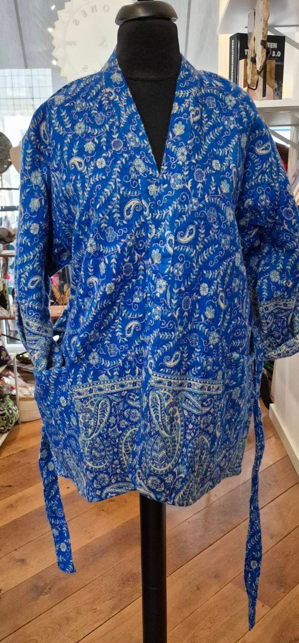 Kimono van Tibetan Wol Blauw Creme