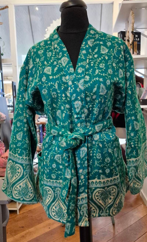 Kimono van Tibetan Wol Groen Creme