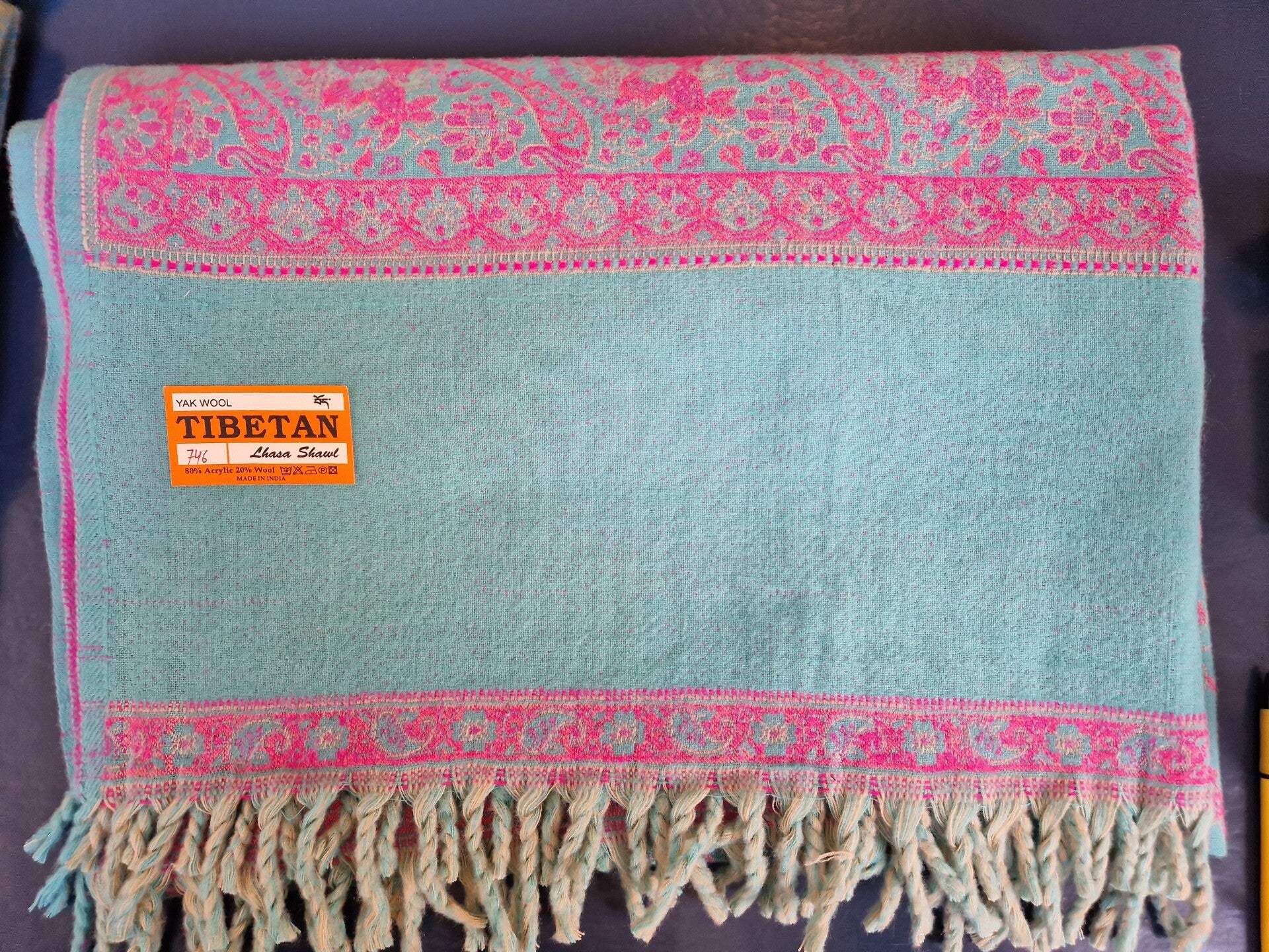 Tibetan Omslagdoek Yak Wool LBlauw Roze Creme