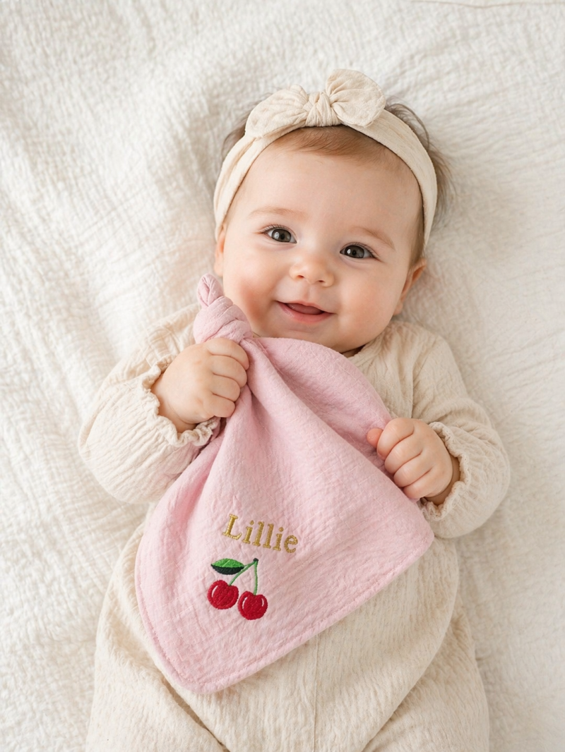 Baby tutknuffel geborduurd met naam en kersjes