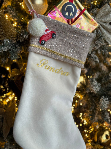 Kerstsok crème taupe rand