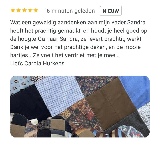 Herinneringsdeken met review van klant | Sandra Creaties