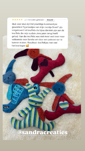 4 knuffels gemaakt van pyjamaas | Sandra Creaties