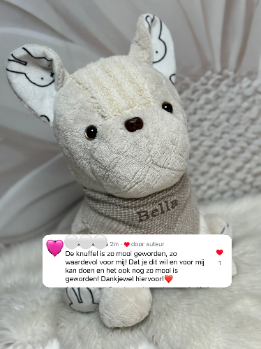 Troostknuffel Franse bull gemaakt van hondendeken en mandje herinnering aan een trouwe viervoeter | Sandra Creaties