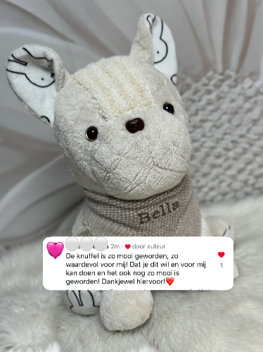 Troostknuffel Franse bull gemaakt van hondendeken en mandje herinnering aan een trouwe viervoeter | Sandra Creaties