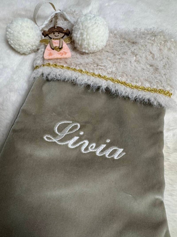 Kerstsok taupe fluffy