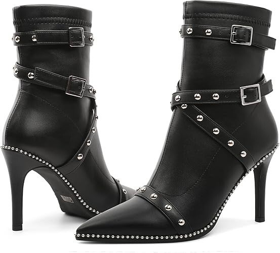 Joseywade Womens Ankle Booties 3.5 Inch Heel Stiletto Boots Beaded Studded Pointed Toe Side Zipper Suede Size 5-13