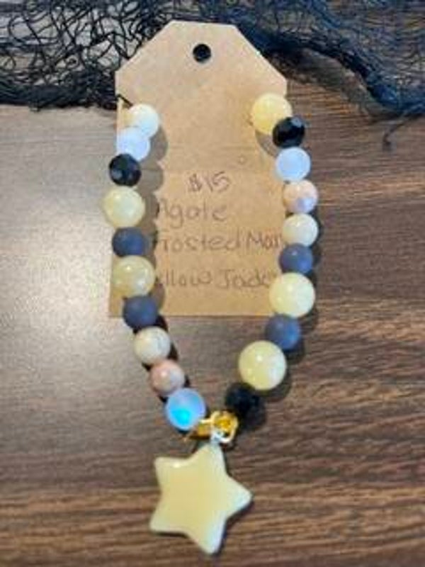Agate, Frosted Moon Beads and Yellow Jade