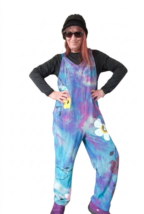 Hippie blue Flower Overalls. Med to Lrg.