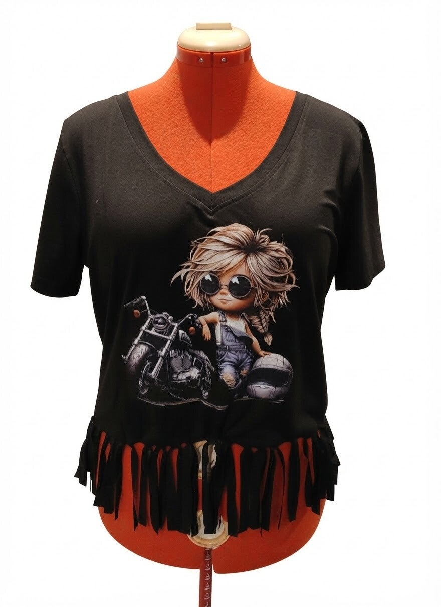Bike tassel Tee.  Black V neck