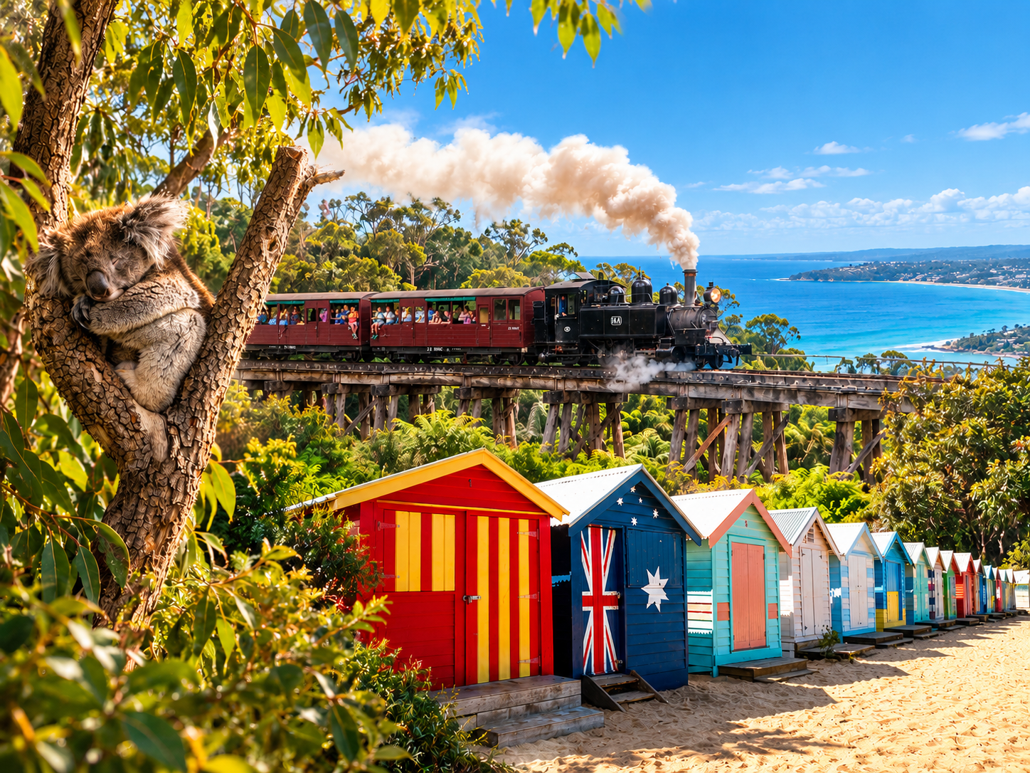 PUFFING BILLY (nostaljik tren)-MOONLIT SANCTUARY (hayvanlar)-BRIGHTON BOXES (renkli kutu evler)