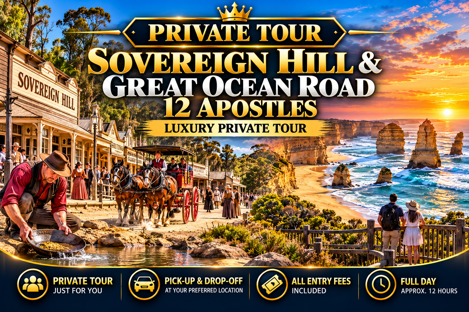 Gold Rush to the Great Ocean Road: Sovereign Hill & 12 Apostles Private Tour