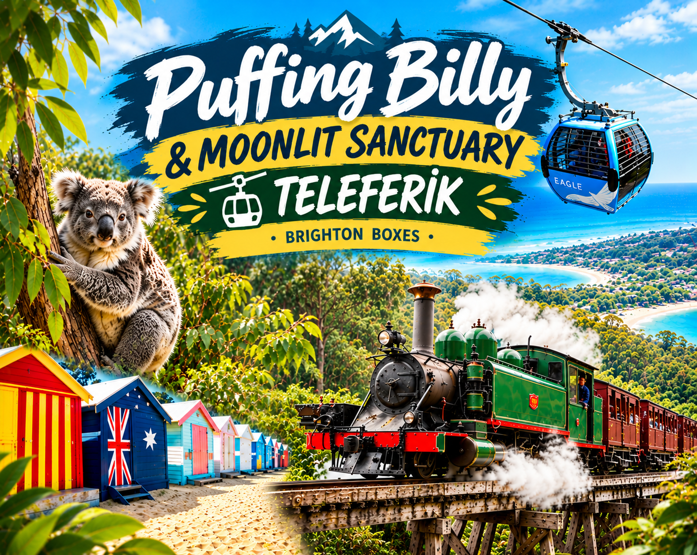 PUFFING BILLY (nostaljik tren)-MOONLIT SANCTUARY(hayvanlar)-ARTHUR S SEAT EAGLE (Teleferik) -BRIGHTON BOXES (renkli kutu evler)