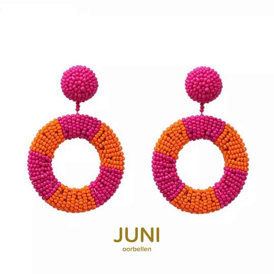 JUNI Glasberry ronde oorbellen - Oranje en Rose