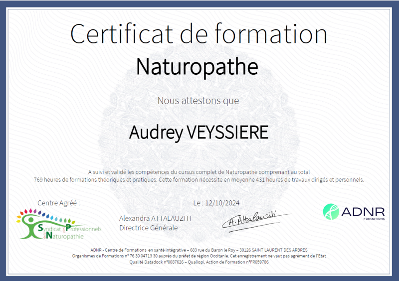 Certificat de formation Naturopathe Audrey VEYSSIERE