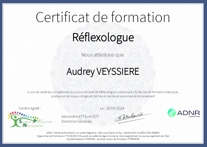 Certificat de formation Réflexologue Audrey VEYSSIERE