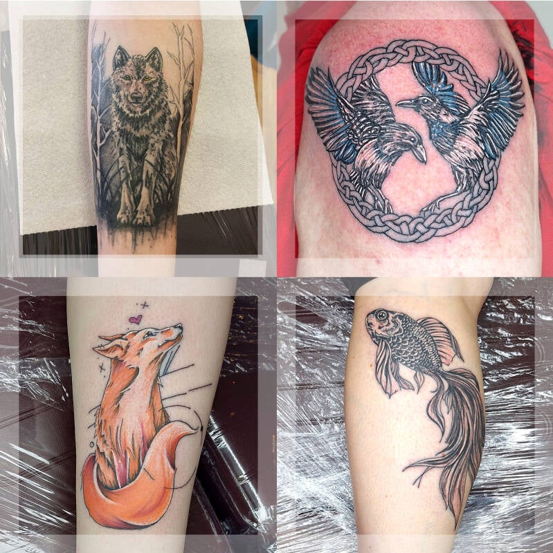 wolf, birds, fox, coi fish tattoos