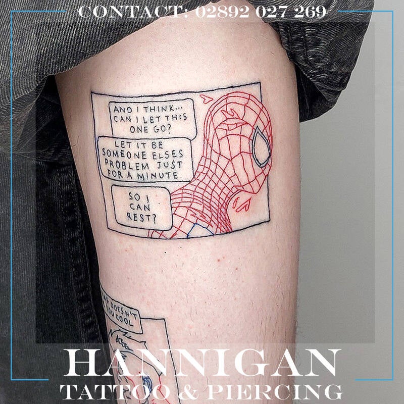 spiderman coloured linework tattoo