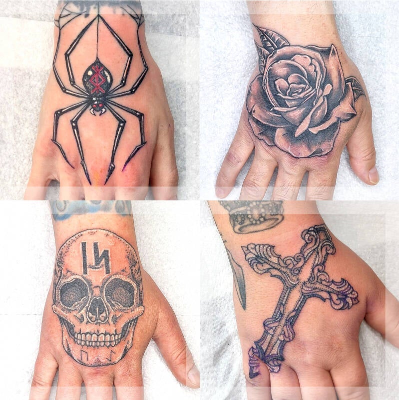 black widow, rose. skull, cross tattoos