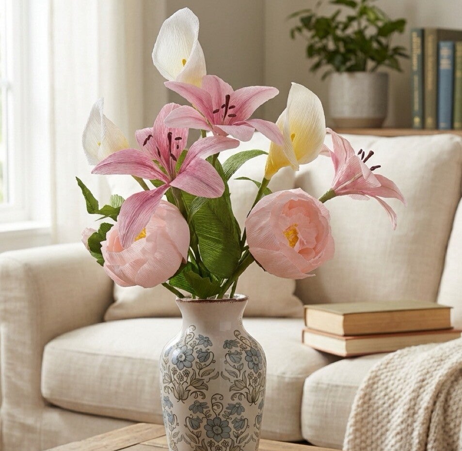 Handmade Crepe Paper Lily Bouquet – Pink Lilies, White Calla & Peony in Vase