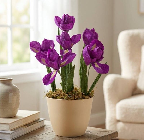 Handmade Crepe Paper Iris Plant- Purple Bearded Iris in Pot, Everlasting Decor