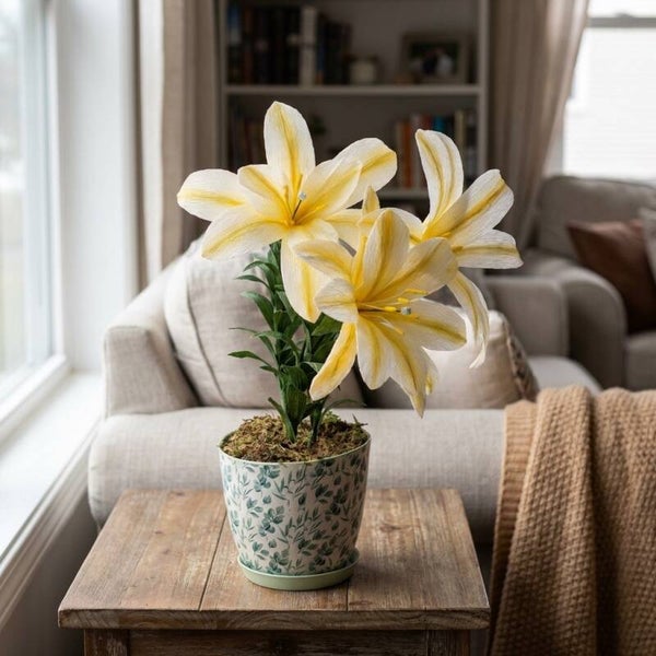 Handmade Crepe Paper Easter Lily – Potted Yellow-Tipped Everlasting Bloom