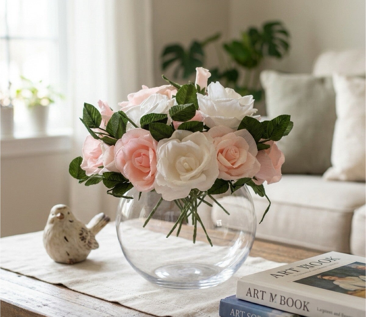 Handmade Crepe Paper Rose Bowl – Pastel Pink & White Everlasting Arrangement