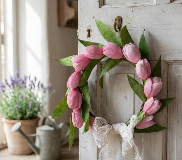 Handmade Crepe Paper Tulip Wreath – Pink Everlasting Spring Door Decor