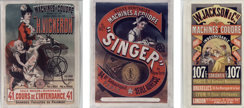 Affiches publicitaires de veilles marques de machines à coudre