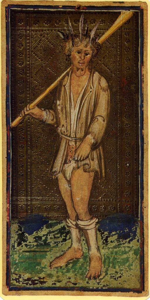 le fou dans le jeu de tarot Visconti Sforza (dessiné  par  Bonifacio Bembo)