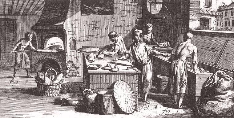 une boulangerie au XVIIIe siècle (scan d'une image de l'Encyclopédie Diderot D'Alembert)