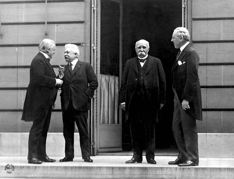 David Lloyd George, Vittorio Orlando, Georges Clemenceau, and Woodrow Wilson. (Versaille, 1919)
