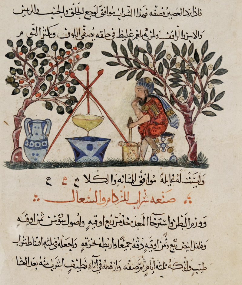 Médecin préparant une potion. Illustration d'un manuscrit arabe daté de 1224