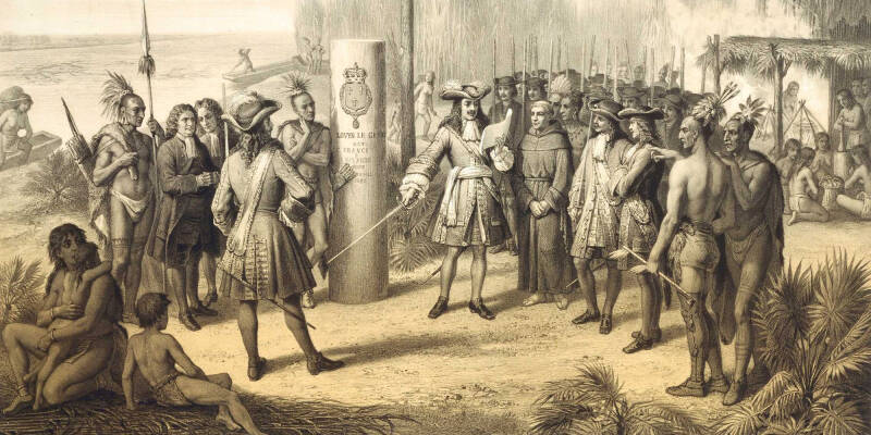 Cavelier de La Salle offre la Louisiane à Louis XIV