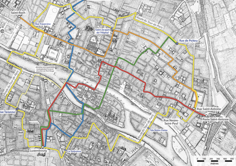Les lignes de carrosses à cinq sols mises en service à Paris par Blaise Pascal en 1662. 
