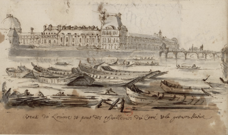 "Veuë du Louvre et pont des thuilleries du Costé de la Grenoullerie"  dessin d'Albert Flamen (XVIIè siècle) (source : Gallica.bnf.fr/BnF)