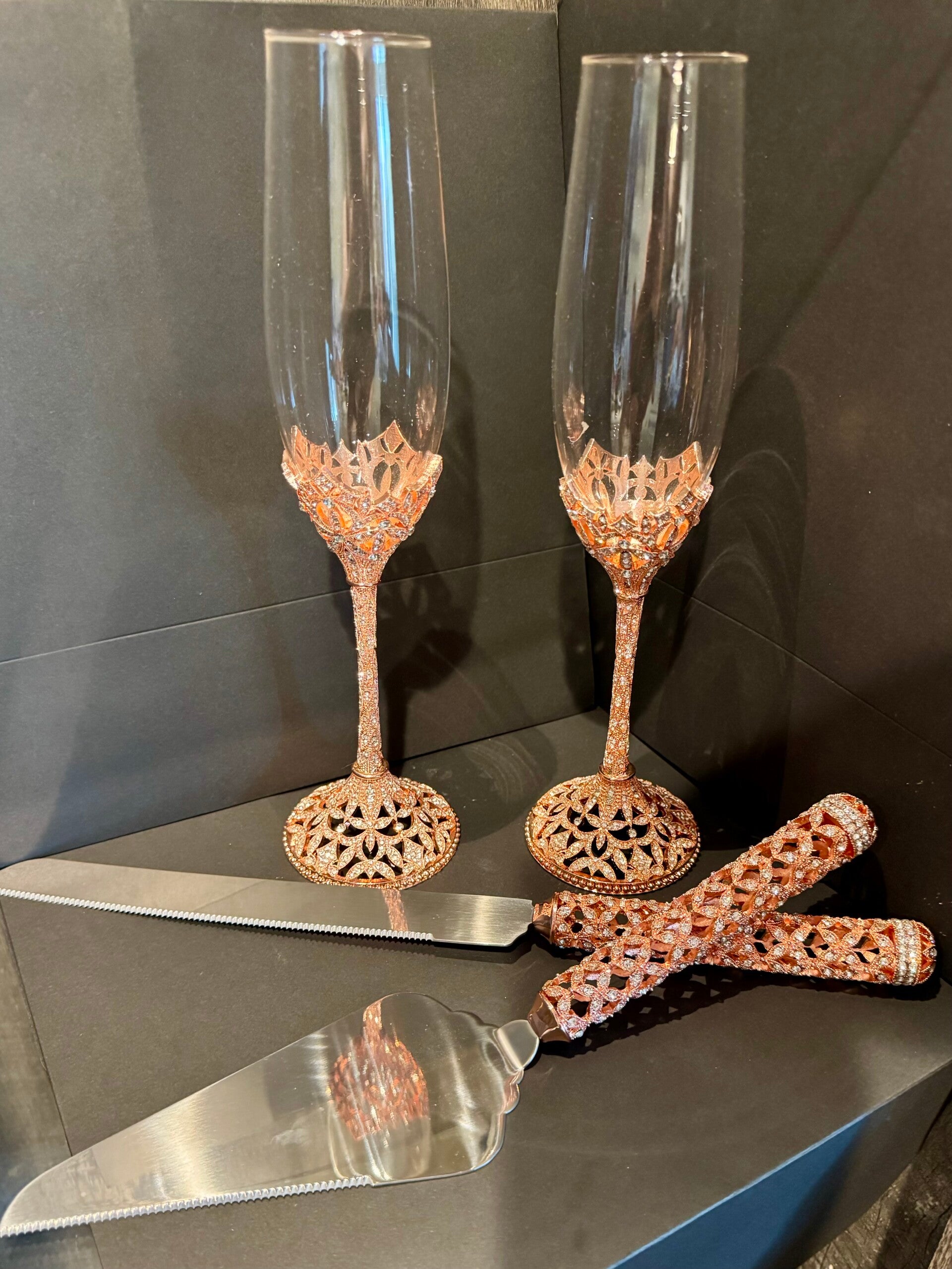 Luxurious Diamond Engraved Champagne set-Rose Gold, Gold, or Silver
