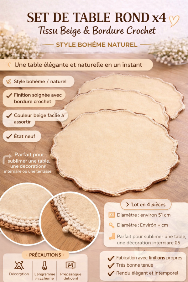 Set de table rond x4 tissu beige & bordure crochet – style bohème naturel