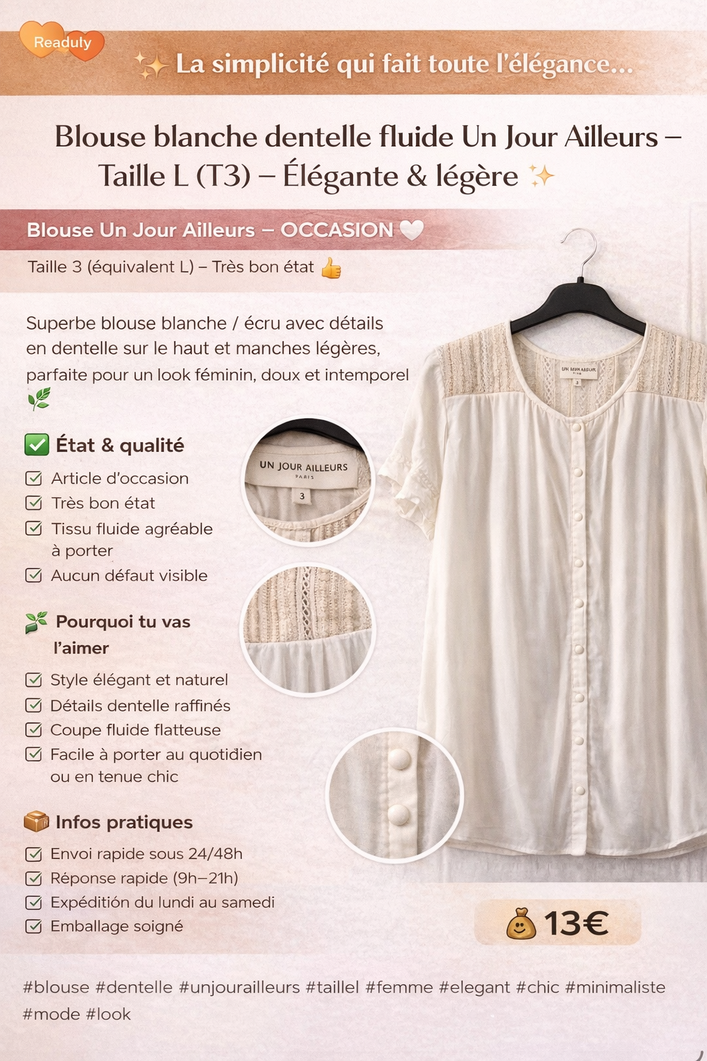 Blouse blanche dentelle fluide Un Jour Ailleurs – Taille L (T3) – Élégante & légère ✨