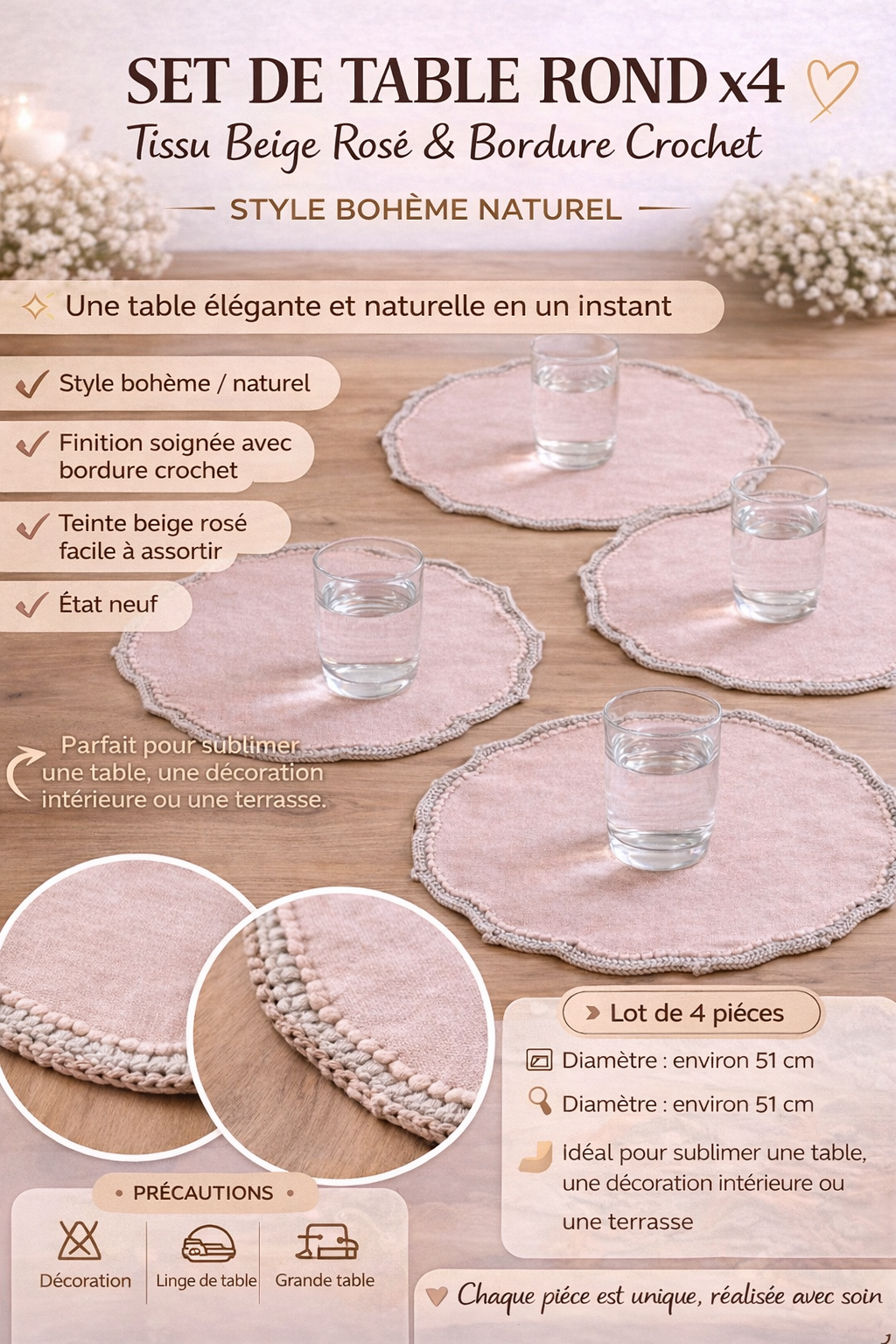 Set de table rond x4 tissu beige rosé & bordure crochet – style bohème naturel