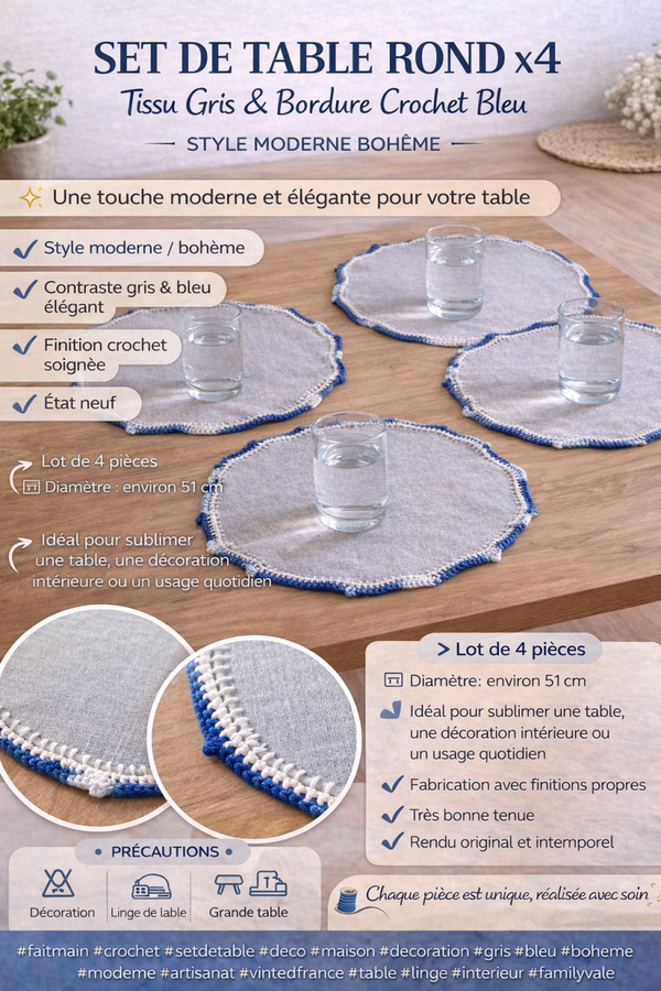 Set de table rond x4 tissu gris & bordure crochet bleu – style moderne bohème