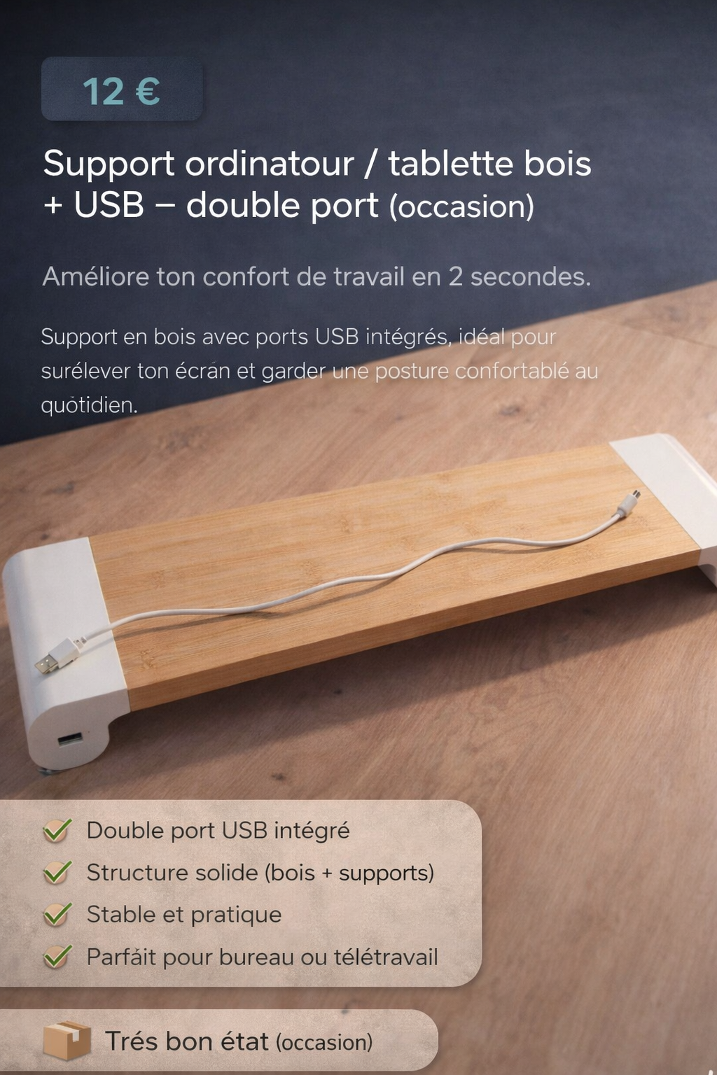 Support ordinateur / tablette bois + USB – double port (occasion)