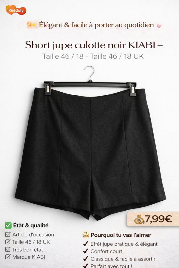 Short jupe culotte noir KIABI – Taille 46 (XL) – Élégant & confortable 🖤