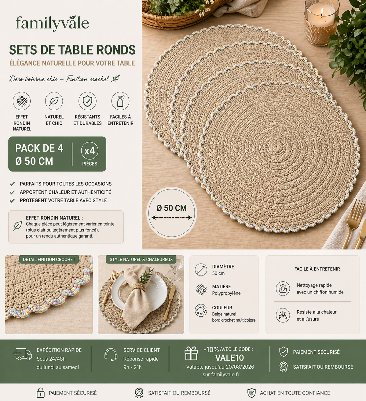 Sets de table ronds FamilyVale – Pack de 4 – Ø 50 cm – Effet rondin naturel – Finition crochet