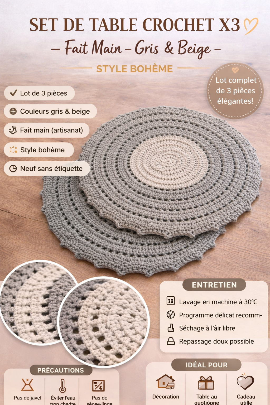 Set de table crochet x3 gris & beige – fait main – style bohème déco
