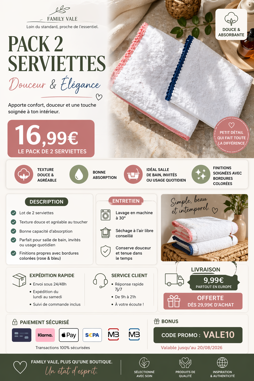 🧺 Pack 2 Serviettes – Douceur & Élégance